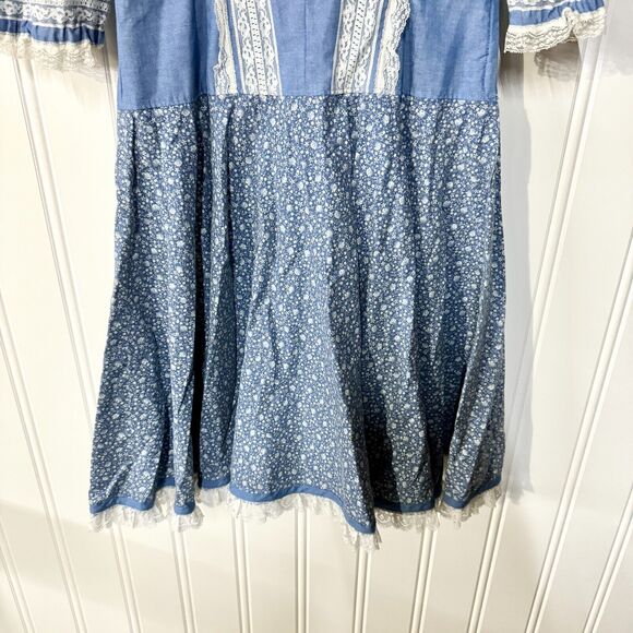 70s Vintage Dress Collared Neck Blue & White Laced Peplum Mini Long Handmade - Picture 11 of 12